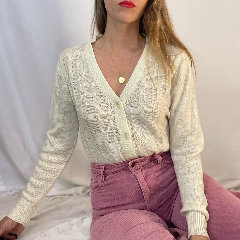 Vintage Cable Knit Cardigan in Cream